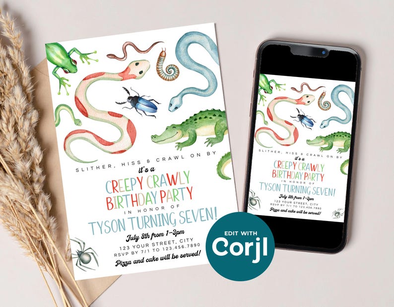 Reptile Birthday Party Invitation: Snakes, Spiders, Frog (Printable) Print or Text image 2
