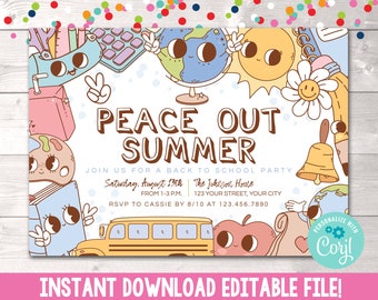 Instant Download Retro Back to School Party Invitation, Editable Kids Peace Out Summer Party Invite, Printable Groovy End of Summer Invite