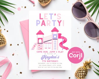 Convite de aniversário editável para meninas | Convite para festa de aniversário no parquinho | Rosa e roxo