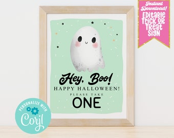 Printable Halloween Trick or Treat Sign, Cute Ghost Editable Halloween Candy Trick or Treating Sign Instant Download Template Digital Design