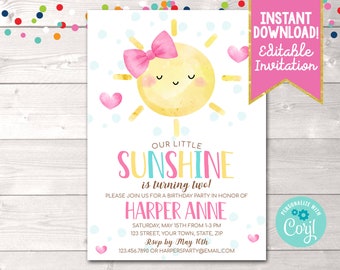 Instant Download Sunshine Birthday Party Invitation, Editable Girls Sunshine Birthday Party Invite Printable PDF, First 1st Birthday Invite