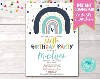 Rainbow Birthday Party Invitation, Instant Download Editable Rainbow Birthday Party Invite, Printable Kids Rainbow Birthday Party Invitation