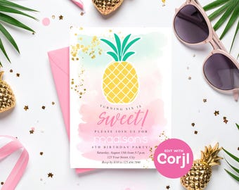 Pink Pineapple Birthday Invitation: Aloha Luau Party (Editable, Instant Download) Print or Text