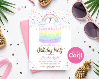 Rainbow Cake Birthday Party Invitation: Editable Girl's Invite (Digital Download) Print or Text