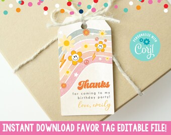Editable Retro Birthday Party Favor Tag, Printable Groovy Gift Tag, Instant Download Retro Party Favor Tag Daisies Peace Sign Lightning Bolt