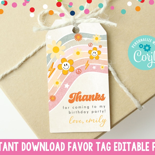 Editable Retro Birthday Party Favor Tag, Printable Groovy Gift Tag, Instant Download Retro Party Favor Tag Daisies Peace Sign Lightning Bolt