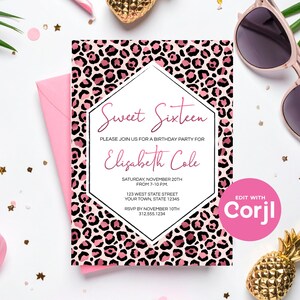 Invito per la festa di compleanno a tema leopardo rosa: modificabile e stampabile (download digitale) Stampa o invia tramite SMS