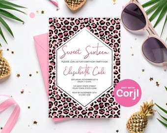 Pink Leopard Birthday Party Invitation: Editable Printable (Digital Download) Print or Text
