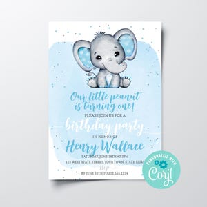 Invitación editable para la primera fiesta de cumpleaños de un niño con elefante, invitación imprimible para la primera fiesta de cumpleaños de un niño con elefante, invitación de cumpleaños de descarga instantánea