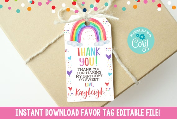 Editable Watercolor Rainbow Favor Tag Instant Download Birthday Party ...