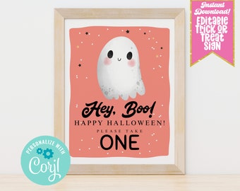 Cute Ghost Editable Halloween Trick or Treat Sign, Printable Halloween Candy Trick or Treating Sign Instant Download Template Digital Design