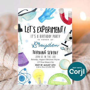 Convite para Festa de Aniversário com Tema de Ciências: Editável (Download Digital) - Imprima ou envie por mensagem de texto