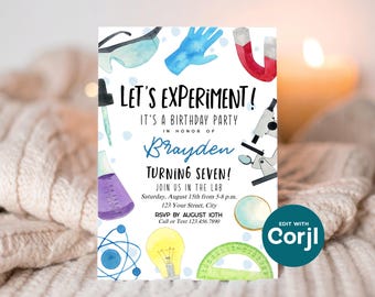 Science Birthday Party Invitation: Editable Lab Theme (Digital Download) Print or Text