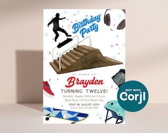 Invitación de cumpleaños con temática de skate: Diseño de parque de skate (Descarga digital) Imprimir o enviar por mensaje de texto