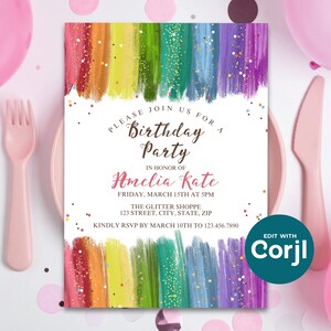 Rainbow Glitter Birthday Invitation, Colorful Girls Birthday Party Invite, Sparkle Rainbow Kids Birthday, Printable Party Invite image 8