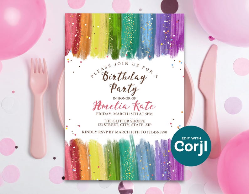 Rainbow Glitter Birthday Invitation, Colorful Girls Birthday Party Invite, Sparkle Rainbow Kids Birthday, Printable Party Invite image 8