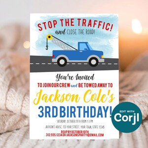 Tow Truck Birthday Invitation, Truck Theme Party Invite, Boys Birthday Invitation, Tow Truck Party, Printable Kids Birthday image 7