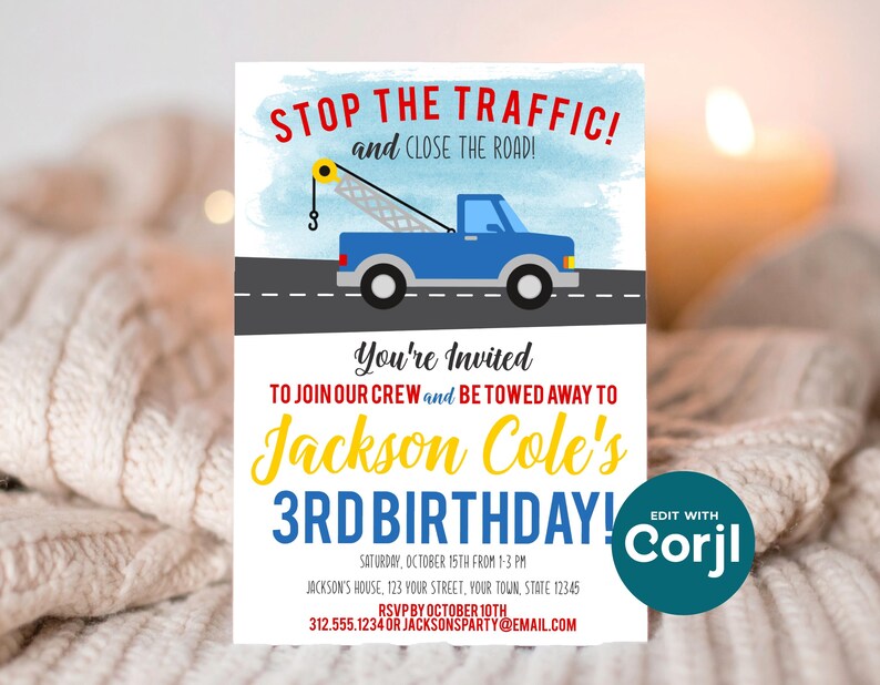 Tow Truck Birthday Invitation, Truck Theme Party Invite, Boys Birthday Invitation, Tow Truck Party, Printable Kids Birthday image 7