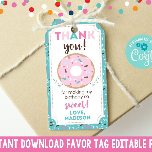 Instant Download Donut Party Favor Tag Editable Text, Kids Printable Gift Tag, Girls Donut Birthday Party Favor Tag Printable Donut Gift Tag