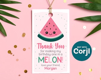 One in a Melon Birthday Favor Tag: Editable Watermelon Party (PDF)