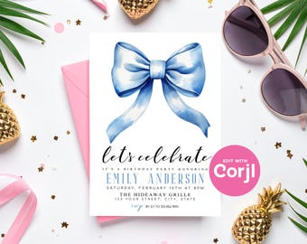 Blue Bow Birthday Invitation: Elegant Ribbon Party Invite (Editable) Print or Text