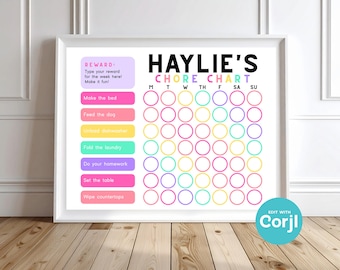 Girls Chore Chart Printable | Vibrant Kids Responsibility Chart | Editable Corjl | Instant Download PDF JPG