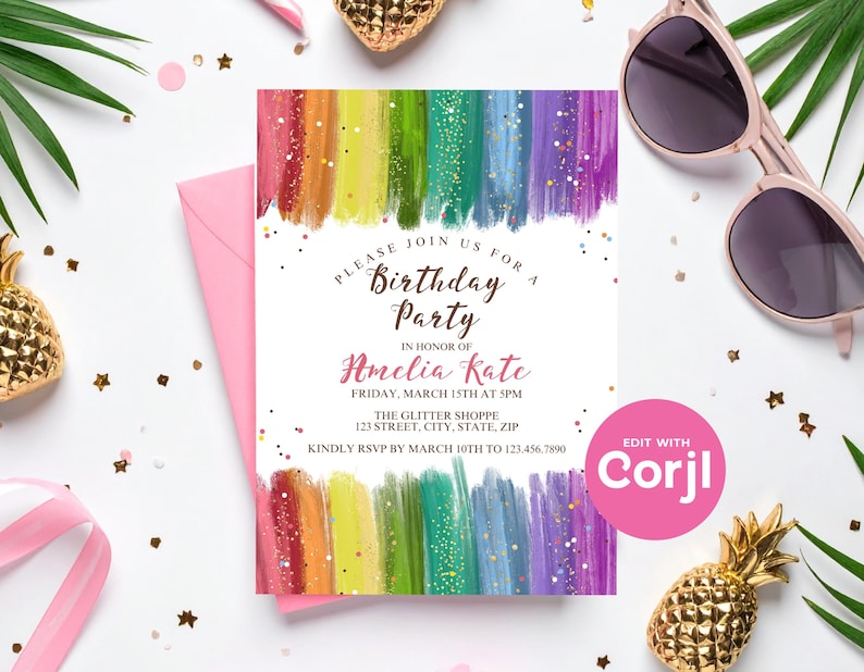 Rainbow Glitter Birthday Invitation, Colorful Girls Birthday Party Invite, Sparkle Rainbow Kids Birthday, Printable Party Invite image 1