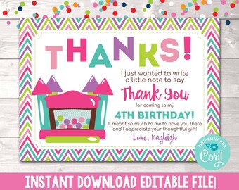 Instant Download Kids Thank You Card, Editable Bounce House Girls Thank You Card, Printable Thank You Card for Kids Digital File PDF or JPG