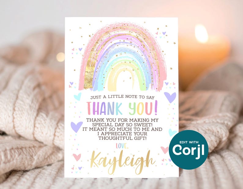 Rainbow Thank You Card: Editable Birthday, Baby Shower (Instant Download) image 7