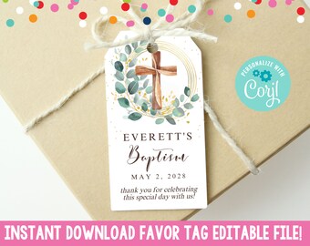 Editable Baptism Favor Tag, Instant Download Eucalyptus Wreath and Cross Christening Religious Gift Tag Printable PDF for Boys Girls