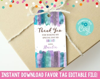 Editable Purple Glitter Splash Favor Tag, Instant Download Birthday Party Favor Tag, Printable Girls Tween Teen Birthday Party Bag Gift Tag