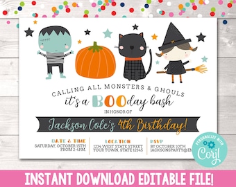 Editable Halloween Birthday Party Invitation, Little Monsters Printable Birthday Party Invitation, Instant Download Halloween Invitation