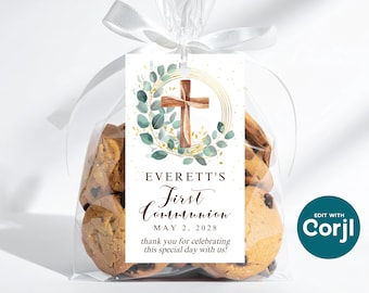 Eucalyptus Cross First Communion Favor Tag: Editable Printable (Digital Download)