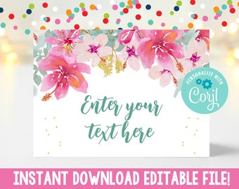 Instant Download Pink Flowers Buffet Cards, Editable Food Beverage Dessert Place Cards, Printable Girls Watercolor Floral Table Tent Labels