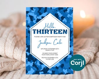 Blue Camouflage Birthday Party Invitation: Editable Camo Invite (Digital Download) Print or Text