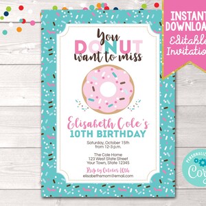 Invitation de fête d'anniversaire imprimable donut, faire-part d'anniversaire donut bleu et rose, téléchargement immédiat donut fête d'anniversaire inviter fichier numérique