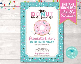 Printable Donut Birthday Party Invitation, Donut Birthday Invitation Blue & Pink, Instant Download Donut Birthday Party Invite Digital File
