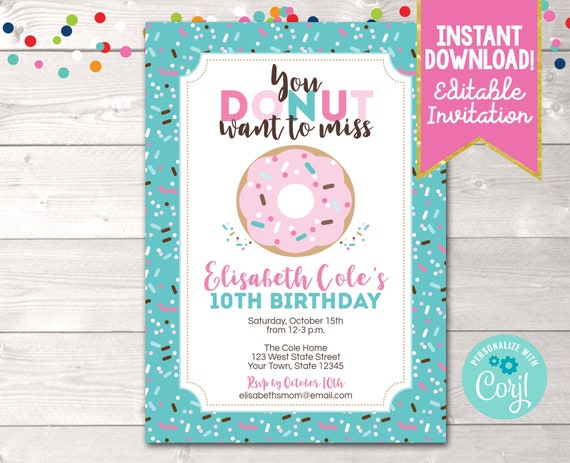 Printable Donut Birthday Party Invitation, Donut Birthday Invitation ...