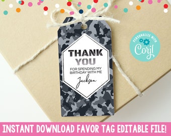 Editable Black Camouflage Favor Tags, Printable Boys Birthday Party Black Camo Favor Tags Gift Tags Instant Download Digital Design Corjl