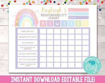 Printable Girls Reward Chart, Editable Rainbow Responsibility Chart, Instant Download Kids Chore Chart, Rainbow and Hearts Reward Chart PDF