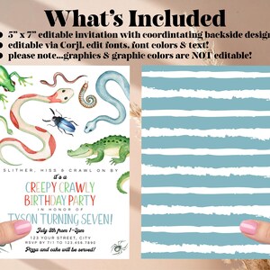 Reptile Birthday Party Invitation: Snakes, Spiders, Frog (Printable) Print or Text image 3