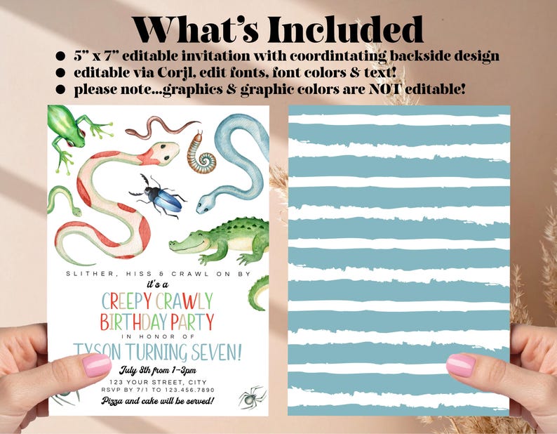 Reptile Birthday Party Invitation: Snakes, Spiders, Frog (Printable) Print or Text image 3