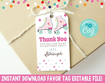 Instant Download Retro Roller Skating Birthday Party Favor Tags, Editable Tween Teen Girls Pink Roller Skating Party Gift Tag Printable PDF