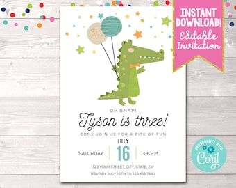 Boys Editable Alligator Birthday Party Invitation, Instant Download Printable Alligator Birthday Party Invite, 1st 2nd 3rd Birthday Invite
