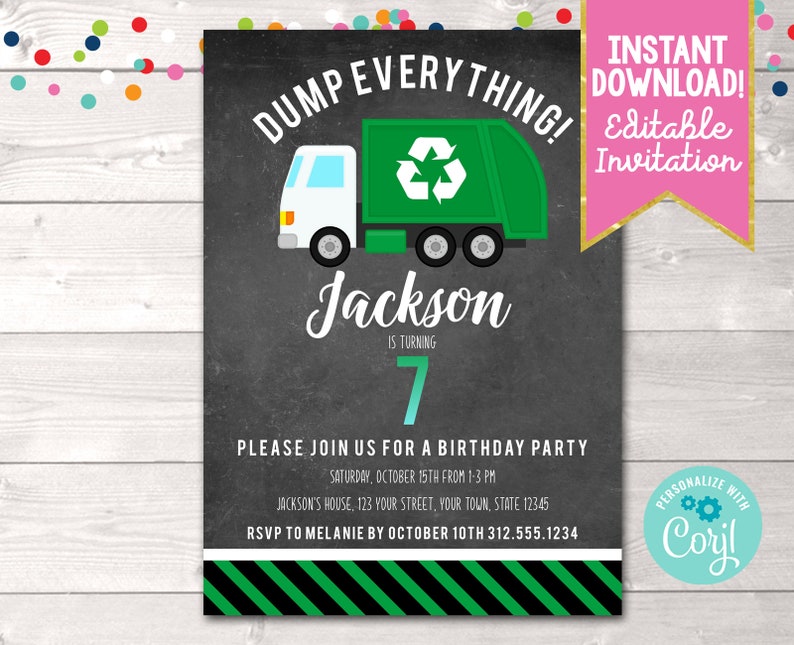 Garbage Truck Birthday Party Invitation Editable Boys Garbage Etsy