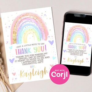 Rainbow Thank You Card: Editable Birthday, Baby Shower (Instant Download) image 2