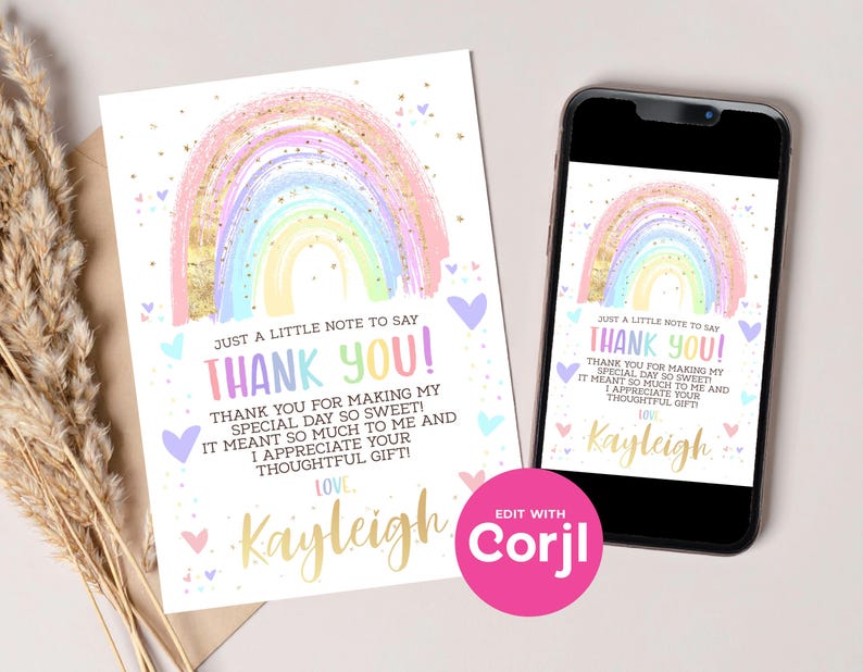 Rainbow Thank You Card: Editable Birthday, Baby Shower (Instant Download) image 2