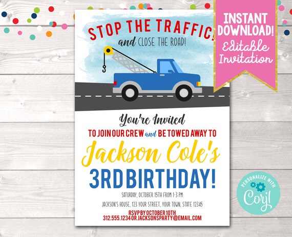 Tow Truck Birthday Party Invitation Editable Tow Truck Birthday 