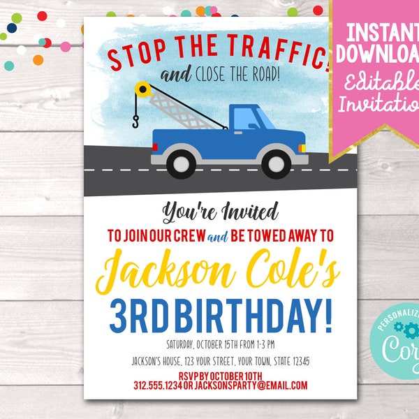 Tow Truck Birthday Party Invitation, Editable Tow Truck Birthday Invitation, Printable Boys Birthday Party Invitation Instant Download PDF