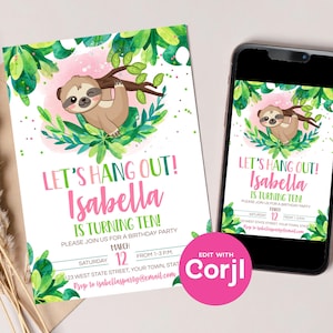 Sloth Birthday Party Invitation: Editable Girl's Invite (Digital Download) Print or Text